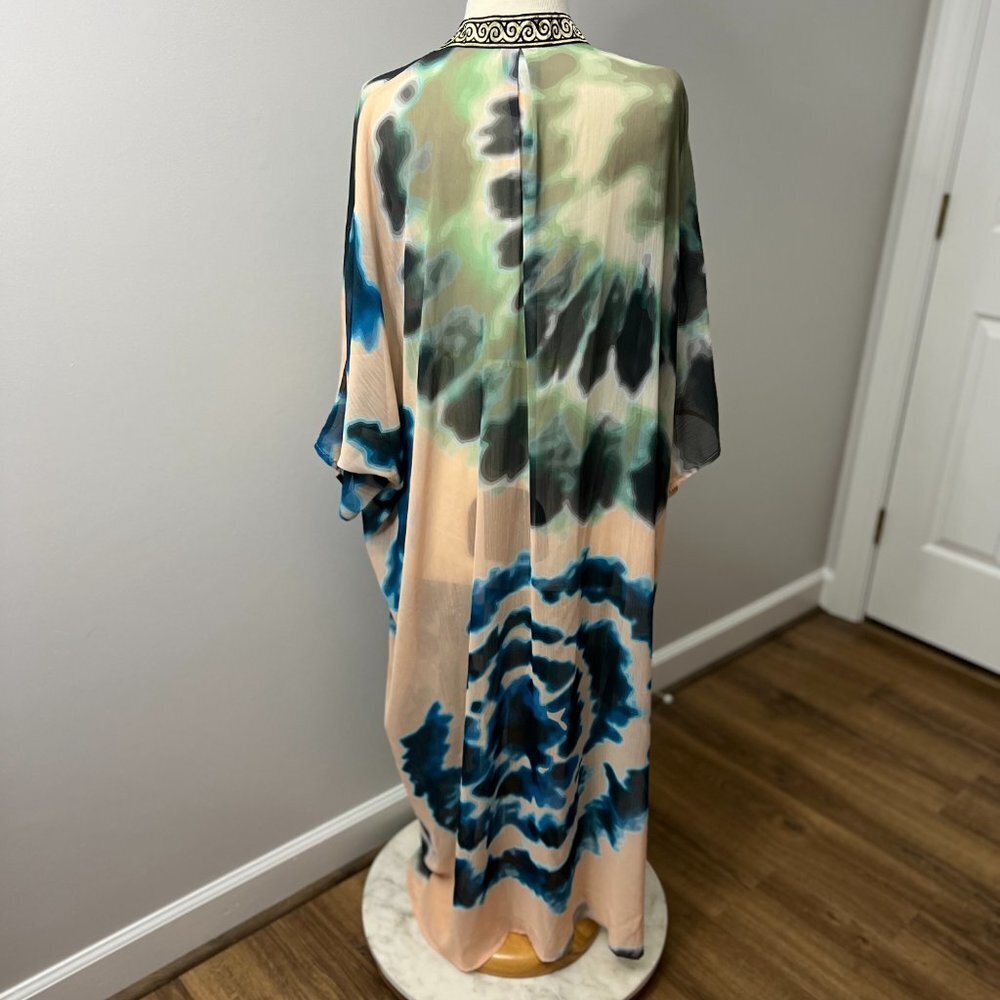Watercolor Print Kimono Robe In Beige, Blue & Green